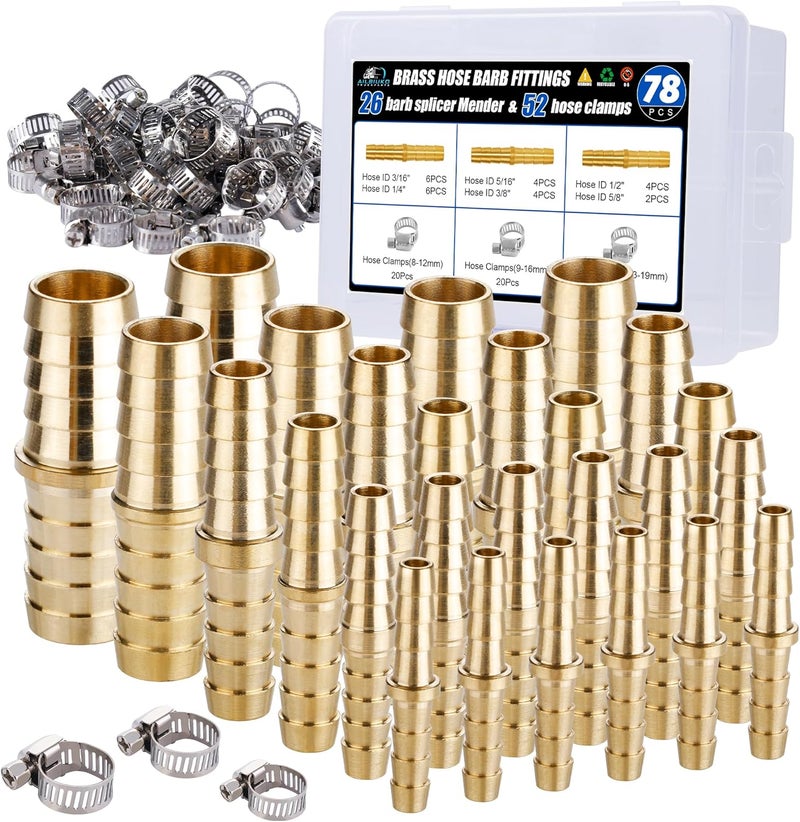 Ailbiuko 26PCS Brass Hose Barb Fitting,Barb Splicer Mender Hose Fittings 3/16" 1/4" 5/16" 3/8" 1/2" 5/8" with 52Pcs Stainless Steel Pipe Hose Clamps for Air/Fuel/Water/Oil Hose - Image 1